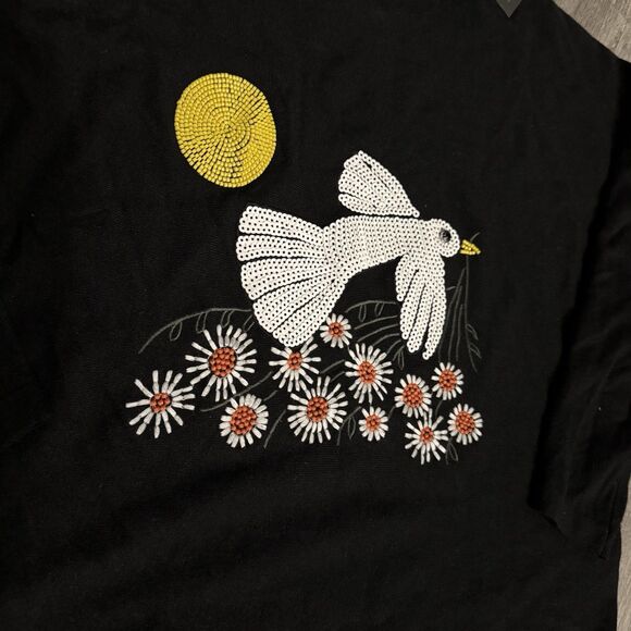 Aaeda Women’s Black Sweater Bird flowers beaded Sequin Long Sleeve NWT Medium - Picture 2 of 6